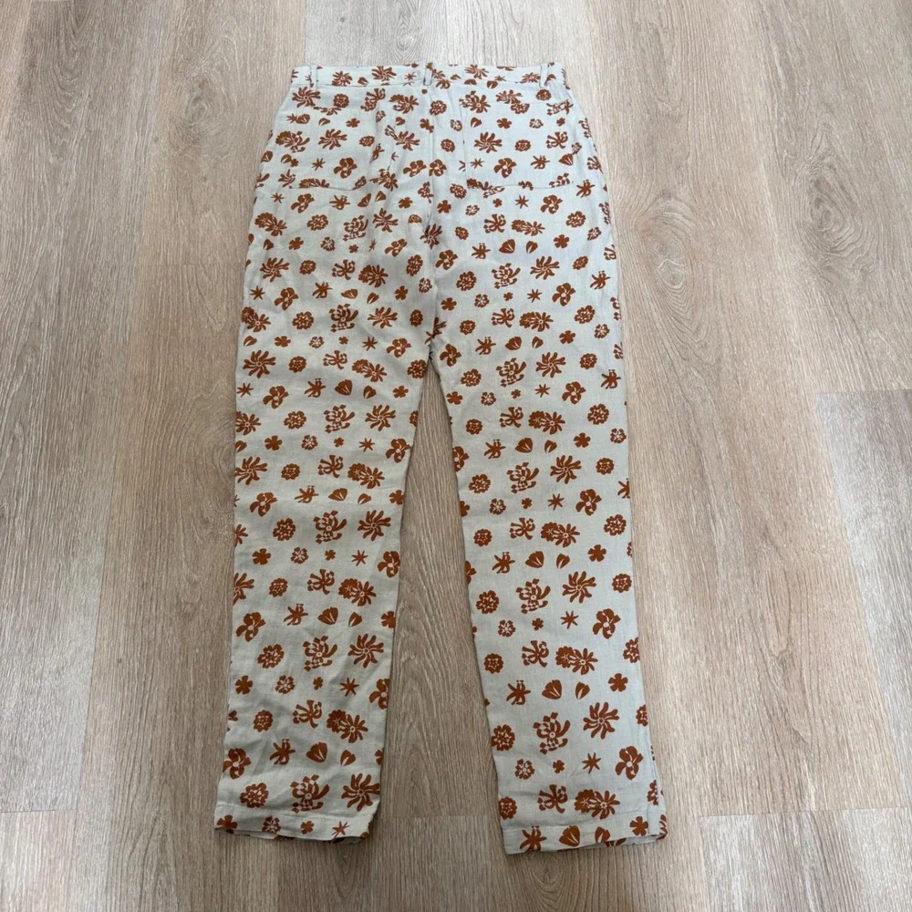 Alex Crane Cham Pants Mens 31 Bone Rust Floral 100% Linen Straight Leg Trousers